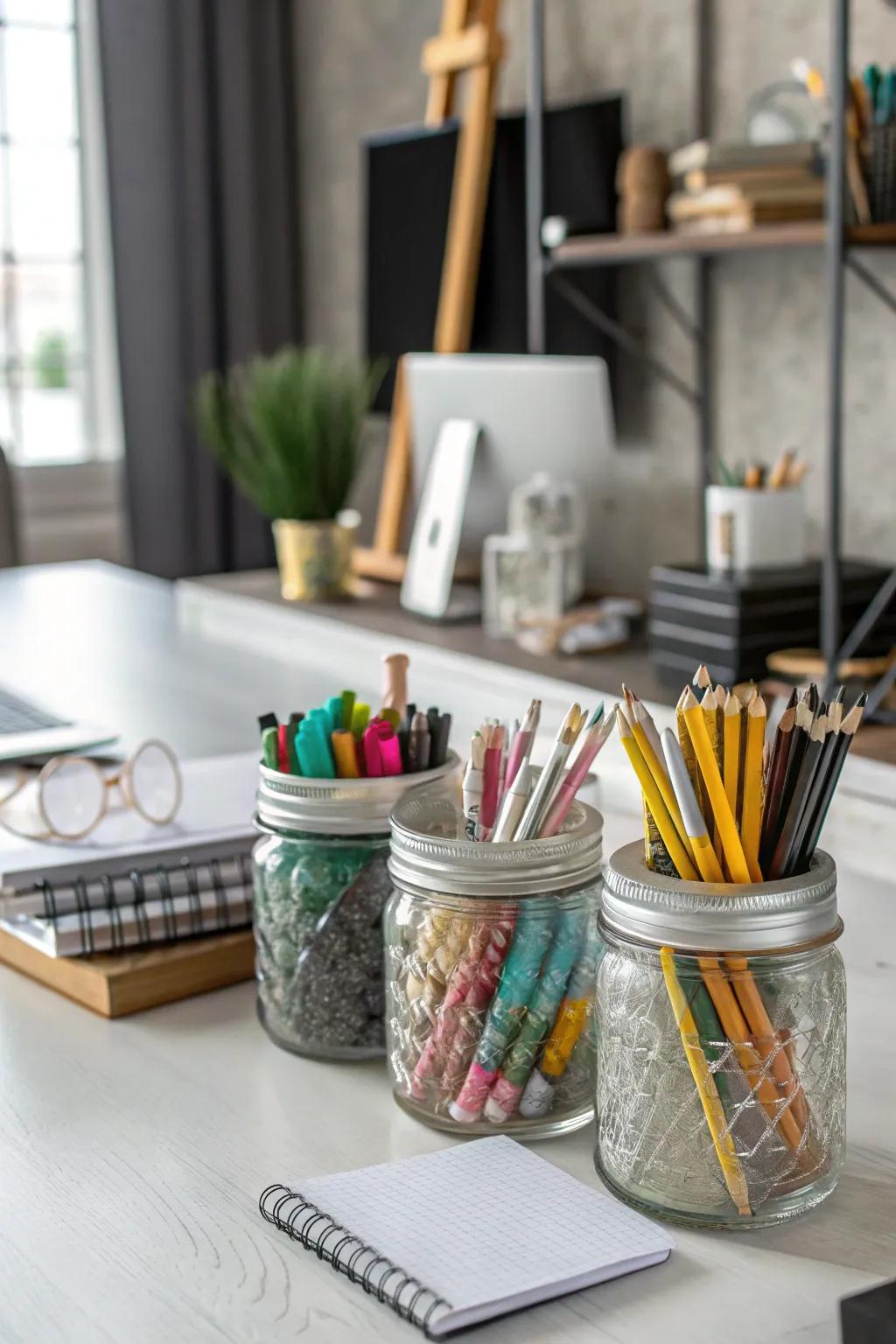Chic desk organizers crafted from canning jars for a refined embellishment.