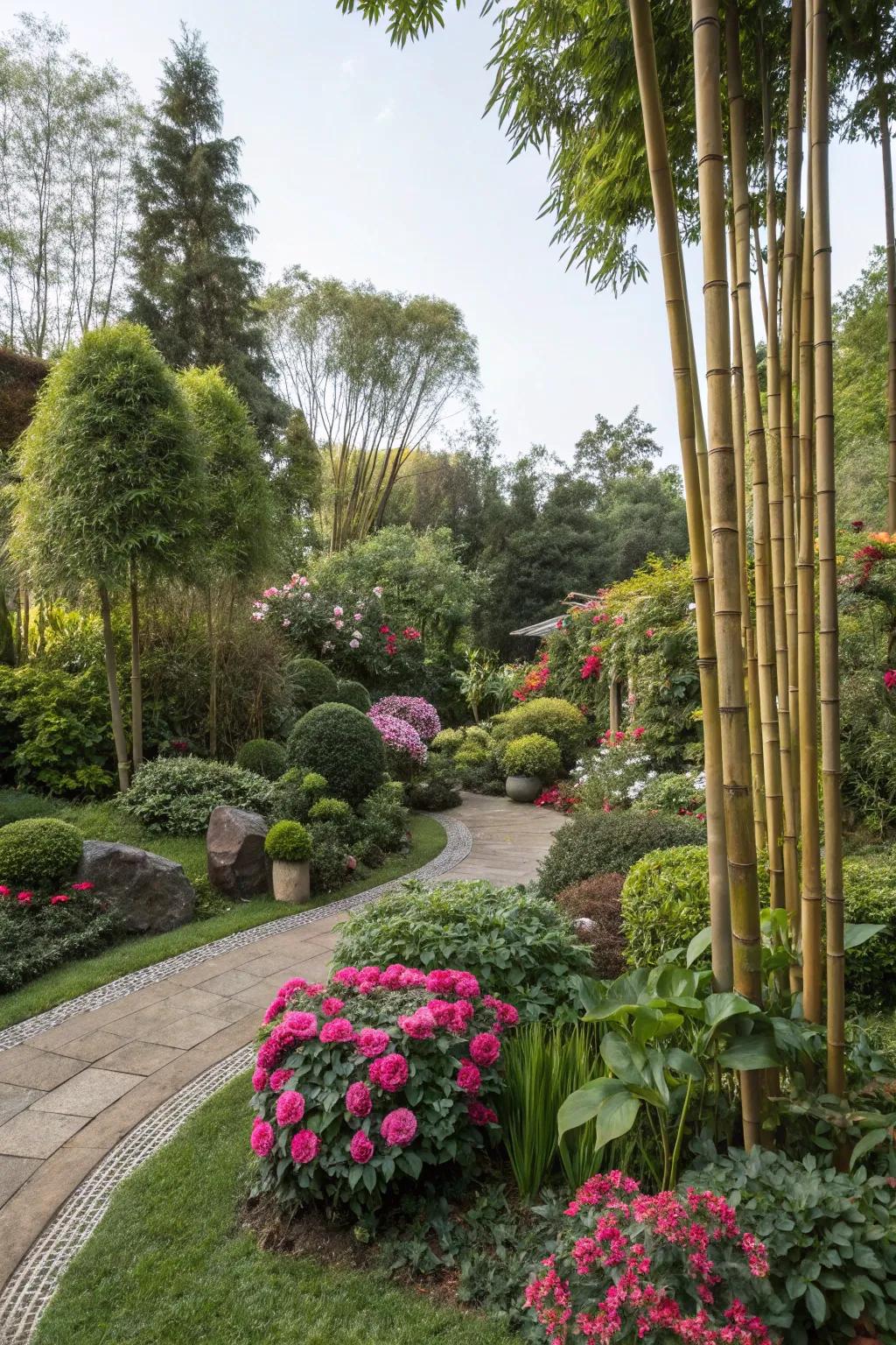 Bamboo as beautiful accents in a vibrant garden setting.