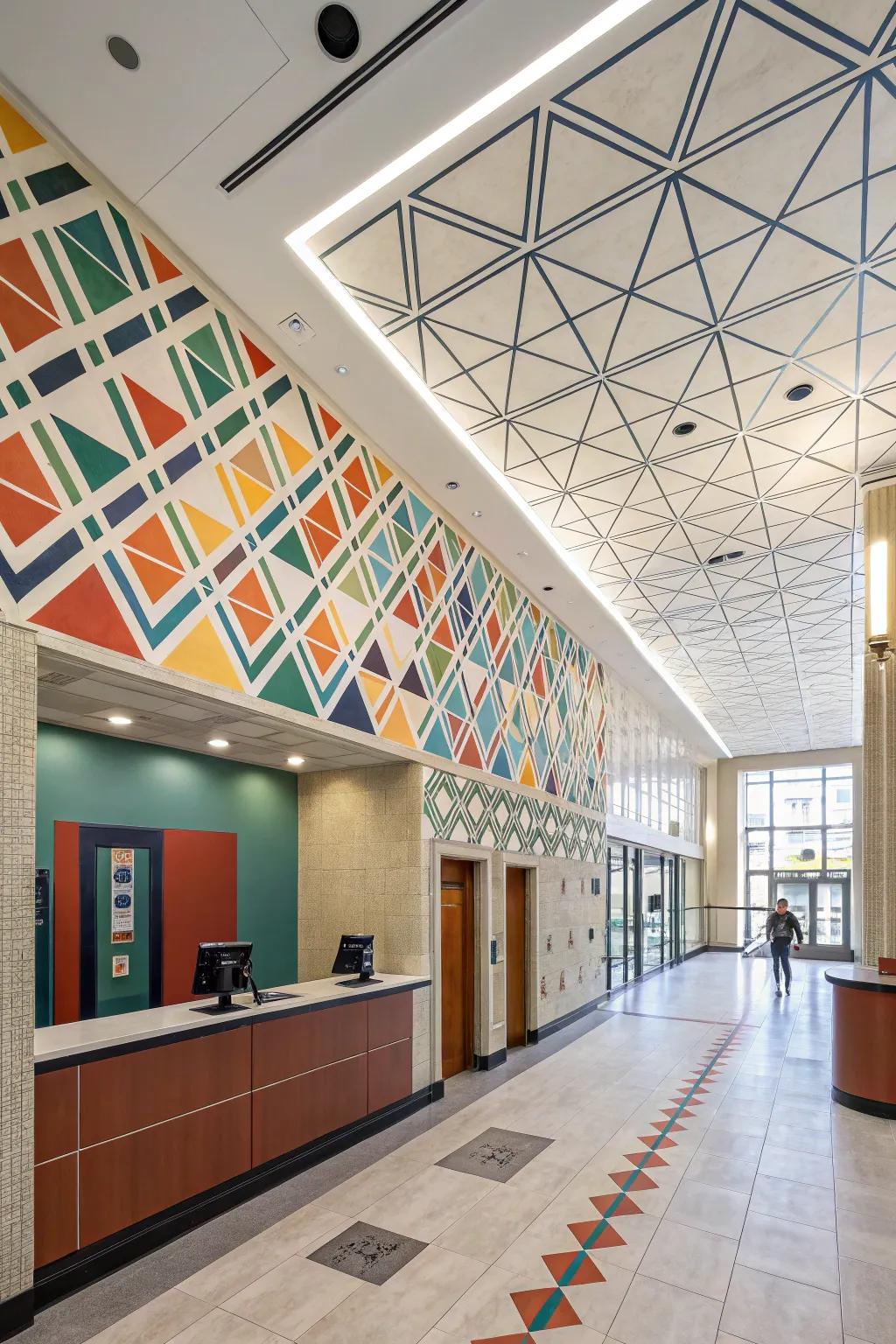 Geometric patterns inject modern flair into the bank's decor.