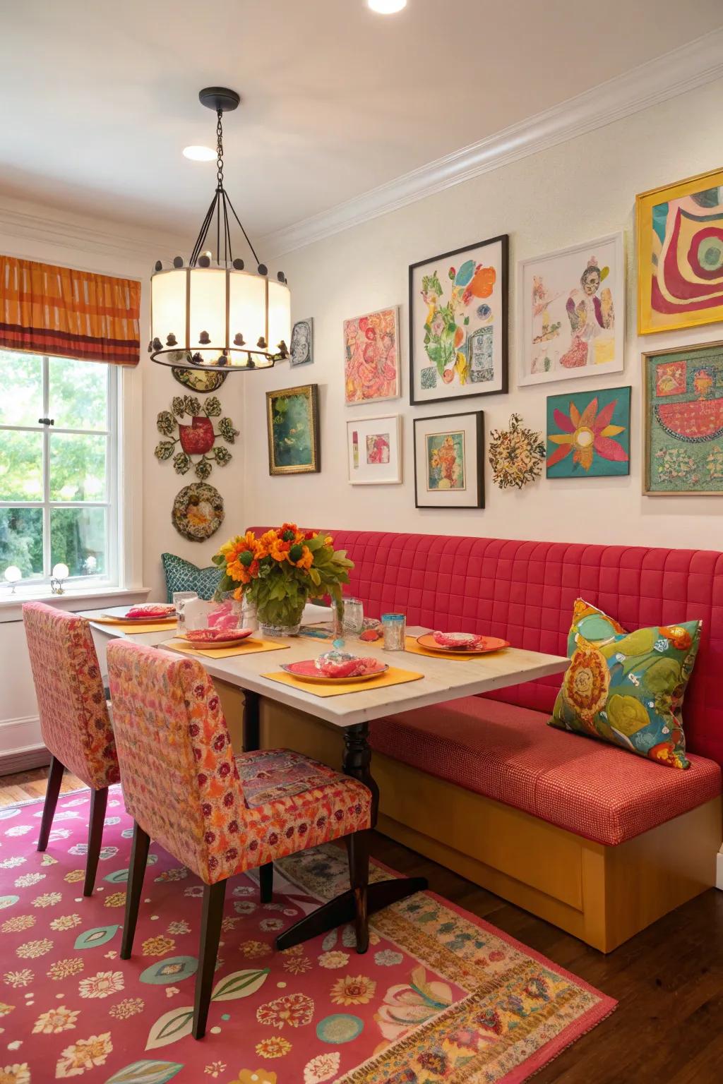 A vibrant dining space with striking-colored banquette seating for a lively atmosphere.