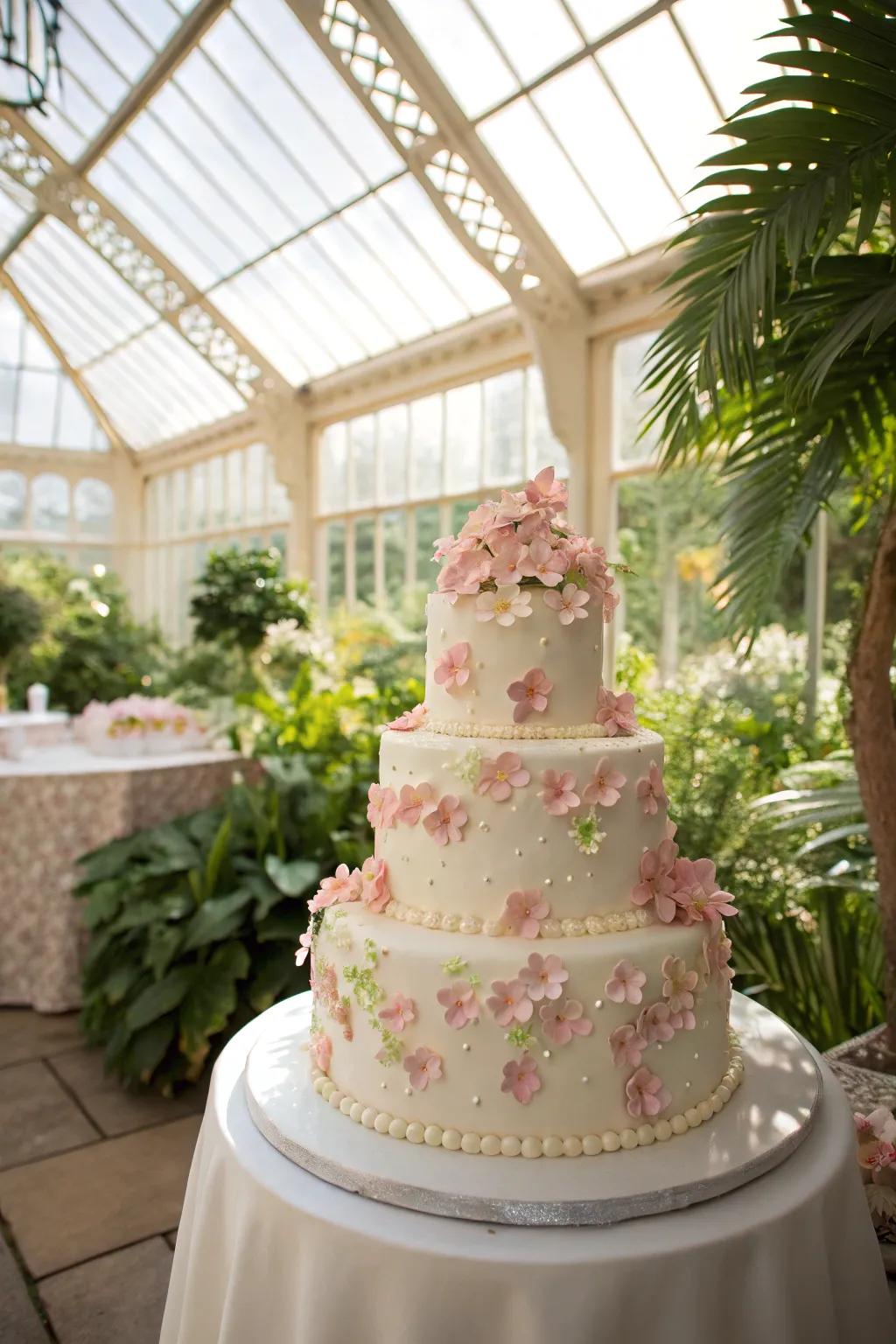 A cake adorned with sweetened floral decorations, creating a garden-like effect.