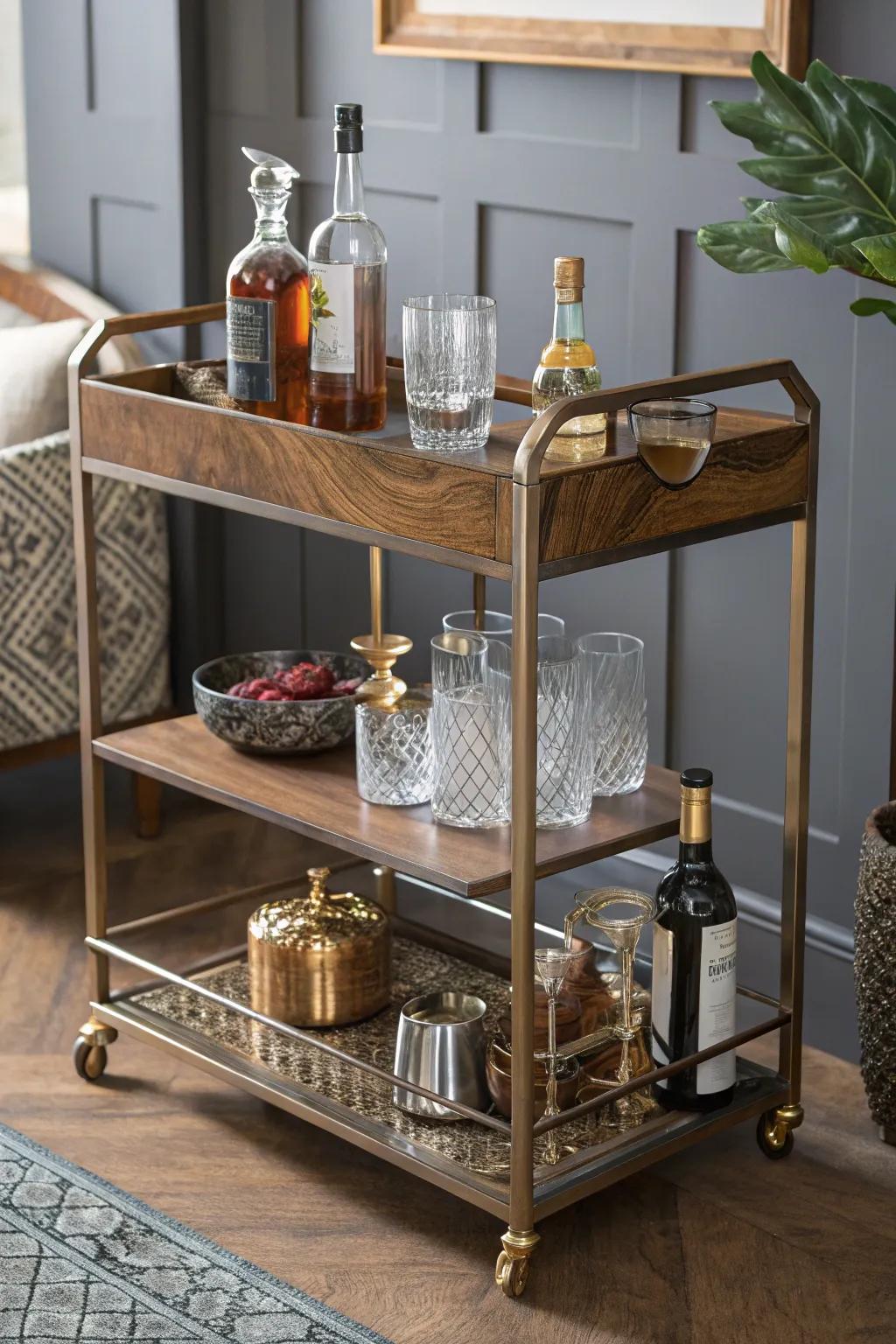 A variety of textures results in a visually attractive home bar.