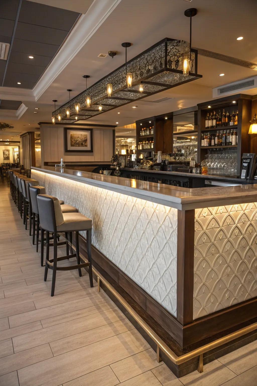 Contrast with mixed finishes for a striking bar design.