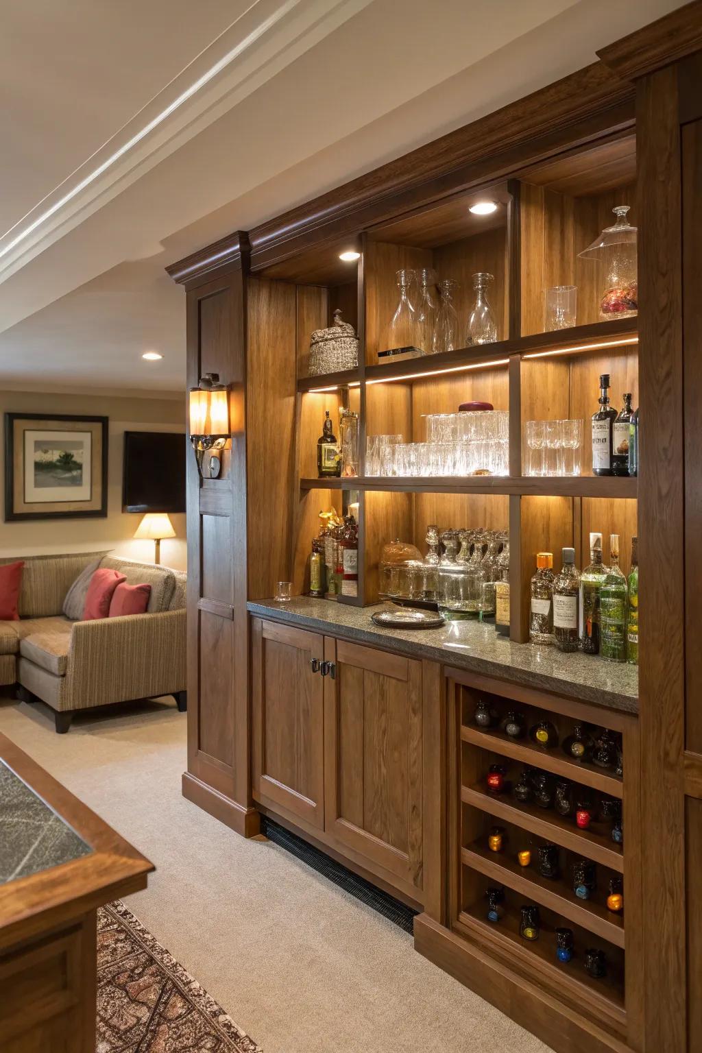 Assembled shelves offer a smooth bar addition.