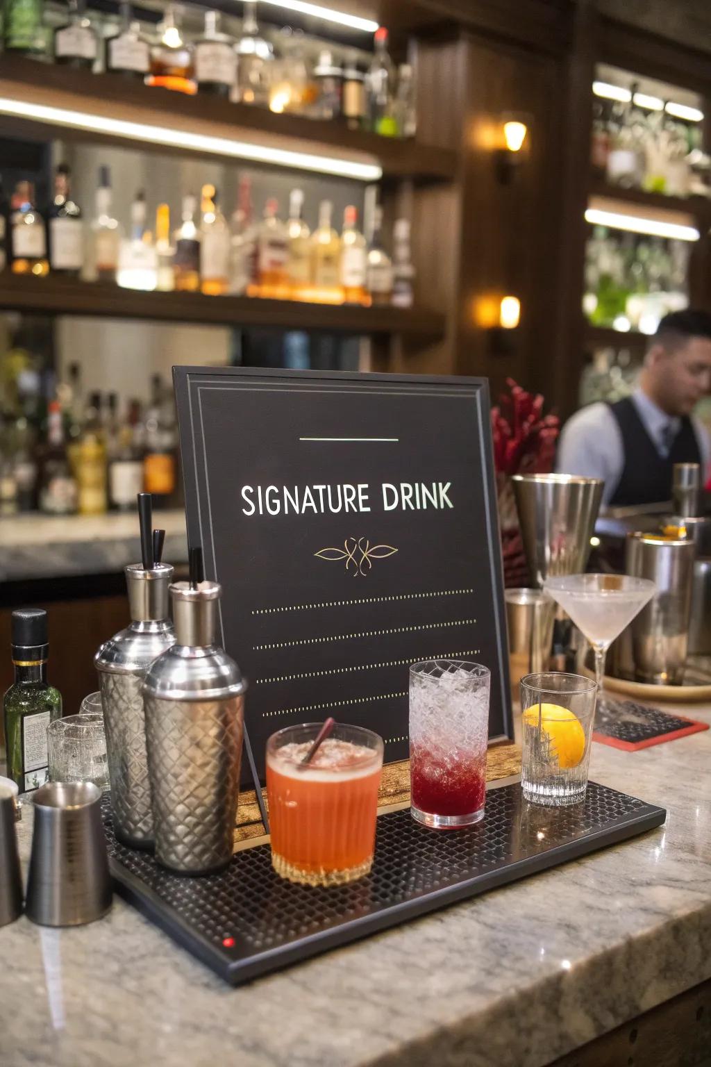 Cocktail recipe boards invite guests to try new drinks.
