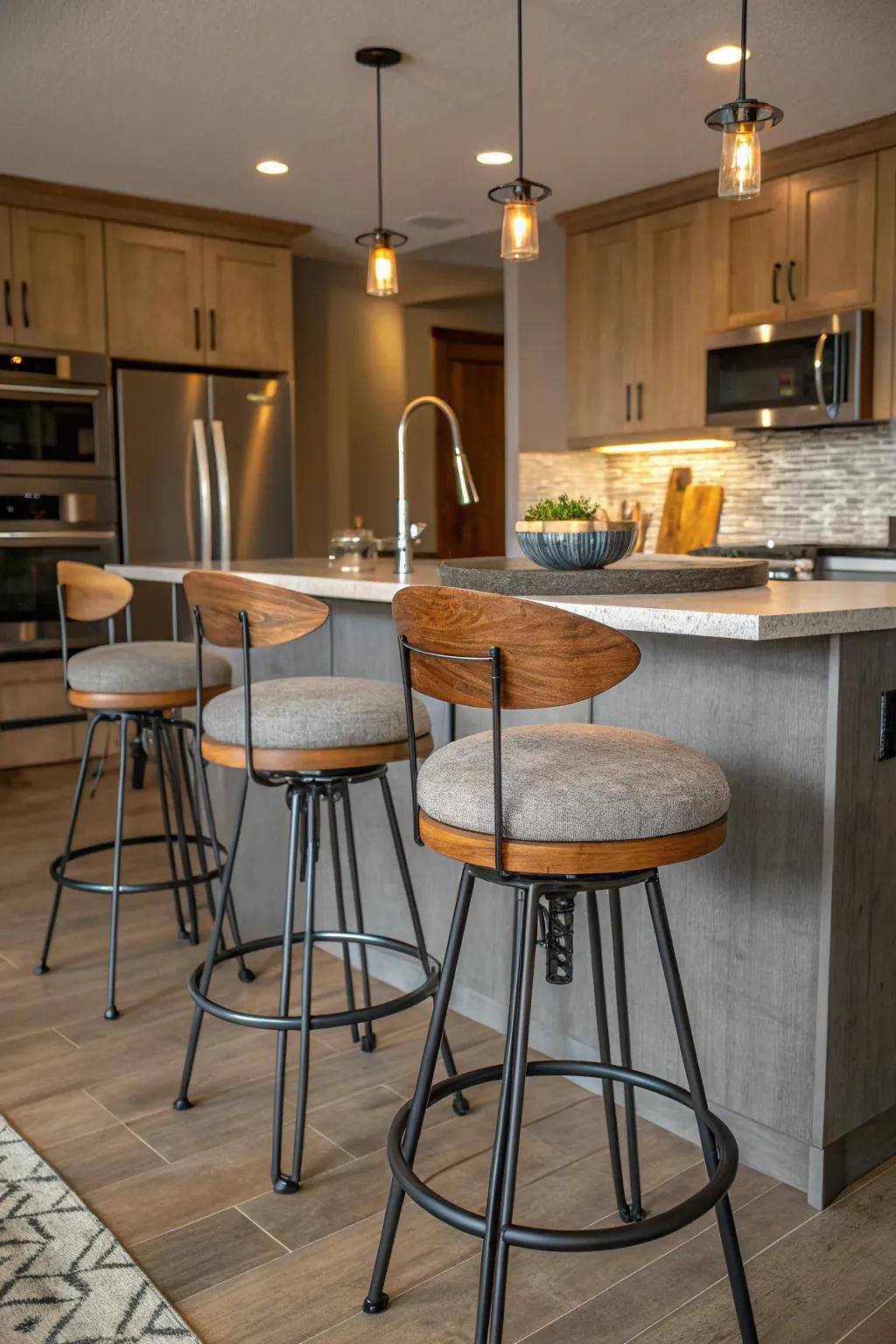 Bar stools crafted from varied materials for an eclectic sensation.