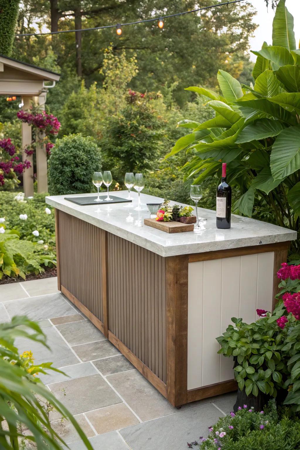 Resilient outdoor bar surfaces optimized for garden areas.