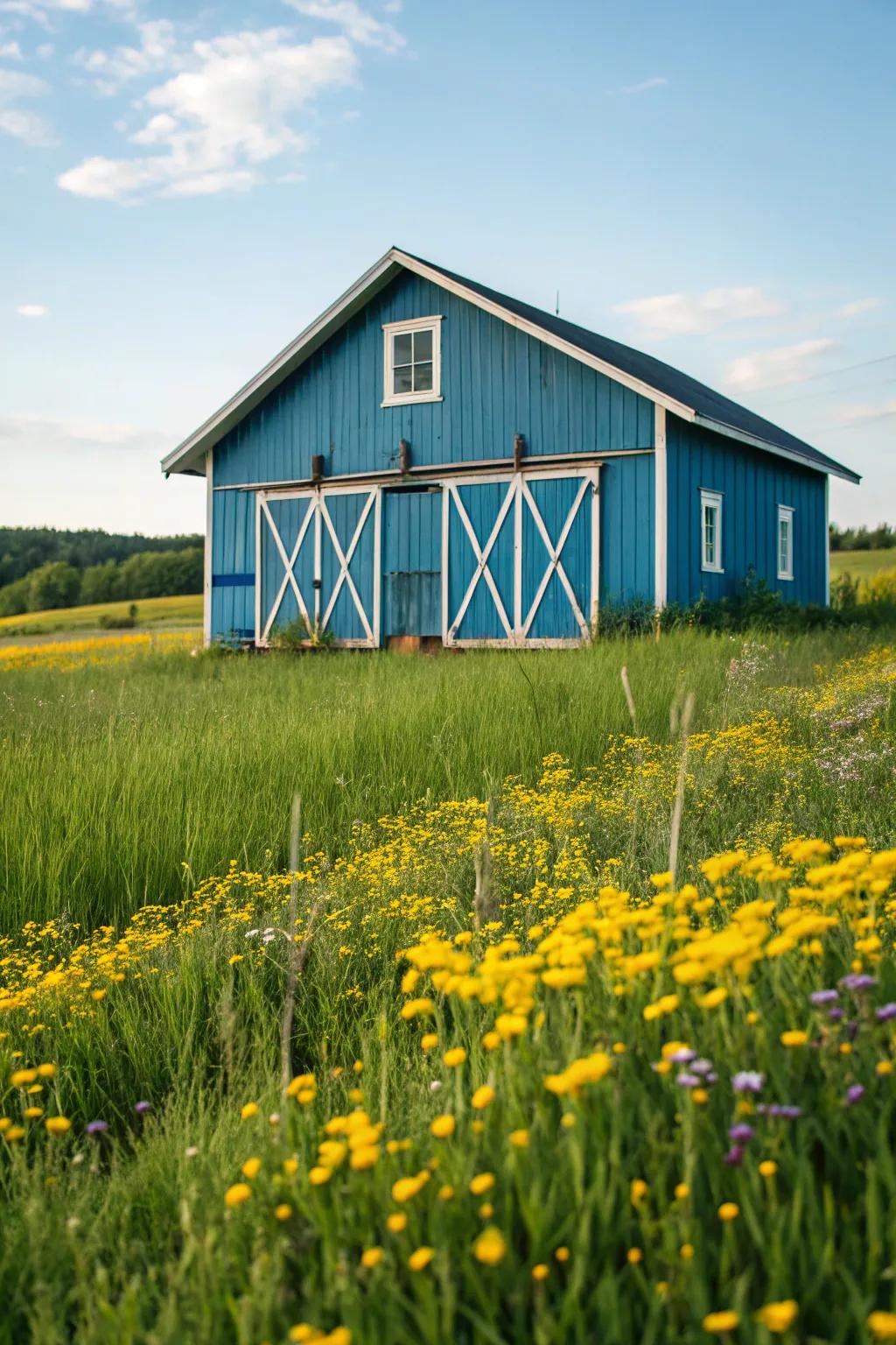 A playful blue barn that contributes a dash of color to the landscape.