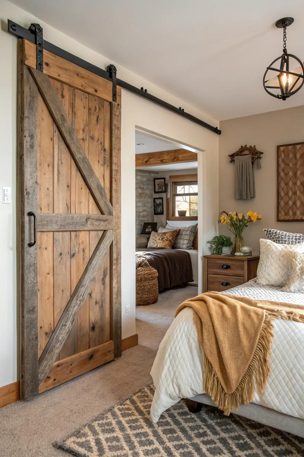 A textured barn door contributes richness to this cozy bedroom.