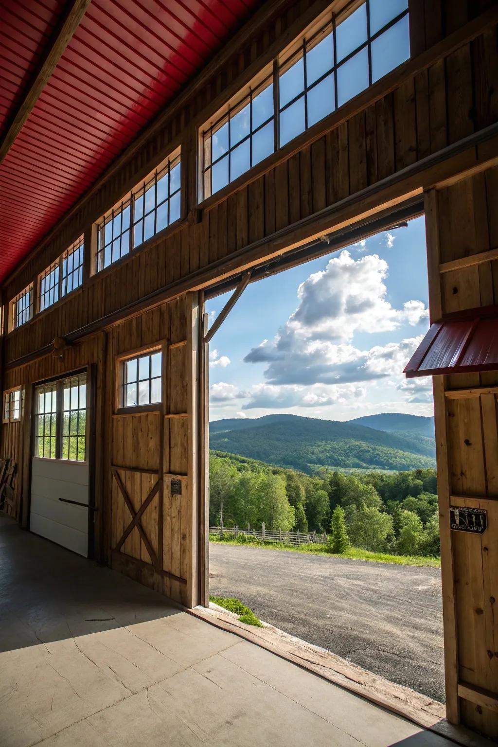 Wide windows join the barn garage with nature's beauty.