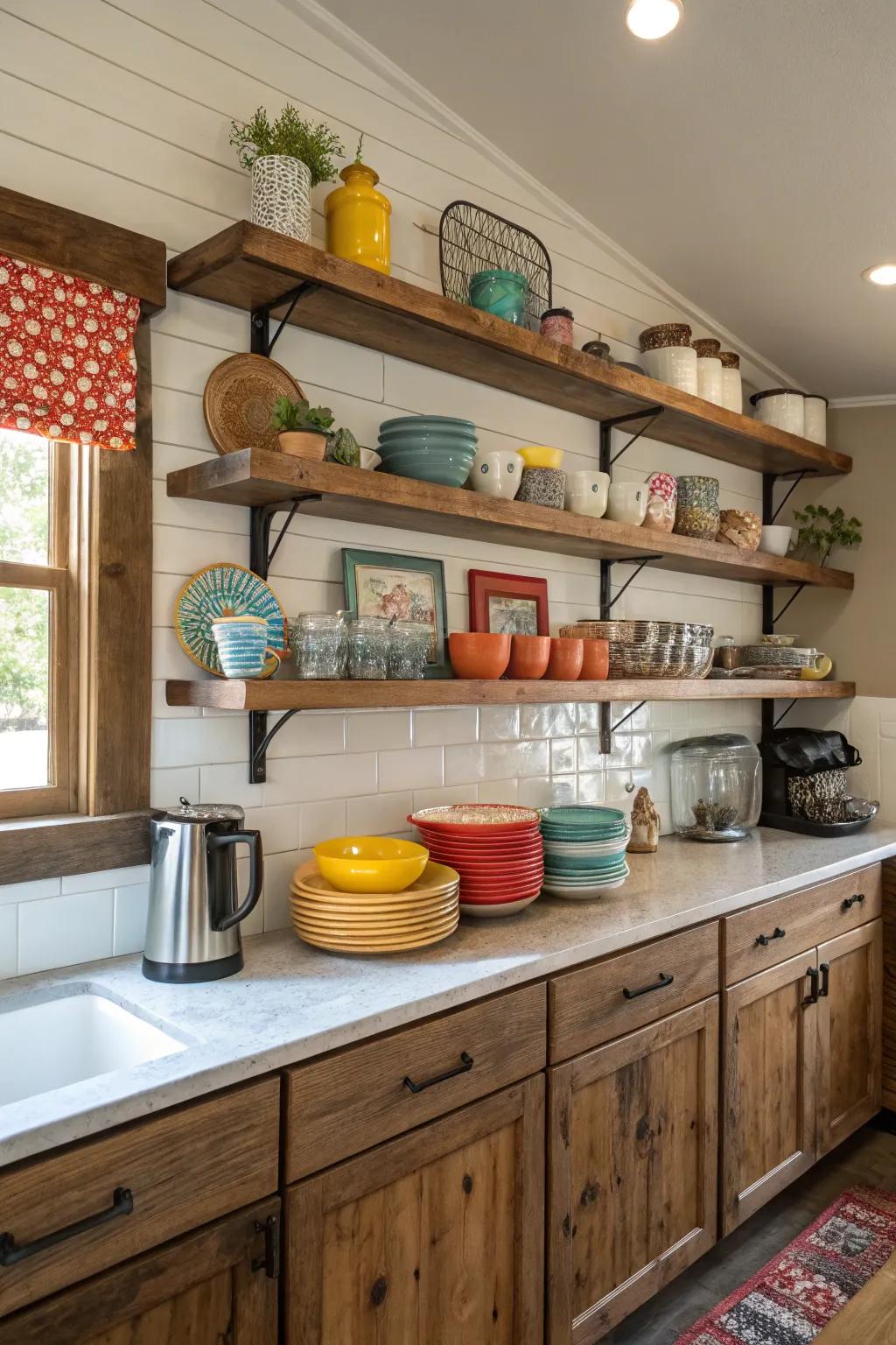 Open shelving infuses individuality and maintains accessibility in the area.