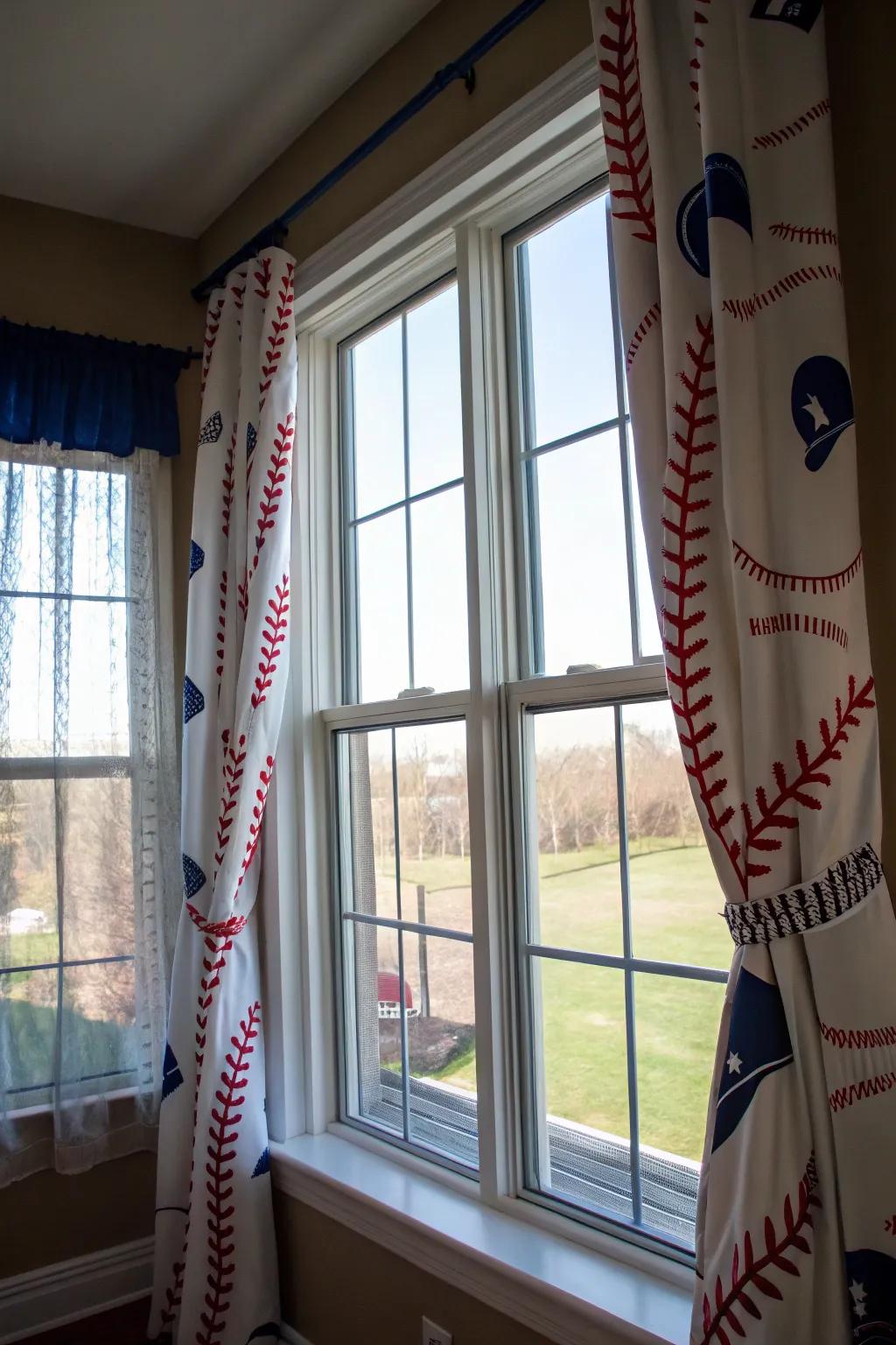Enliven your windows with baseball-themed curtains.