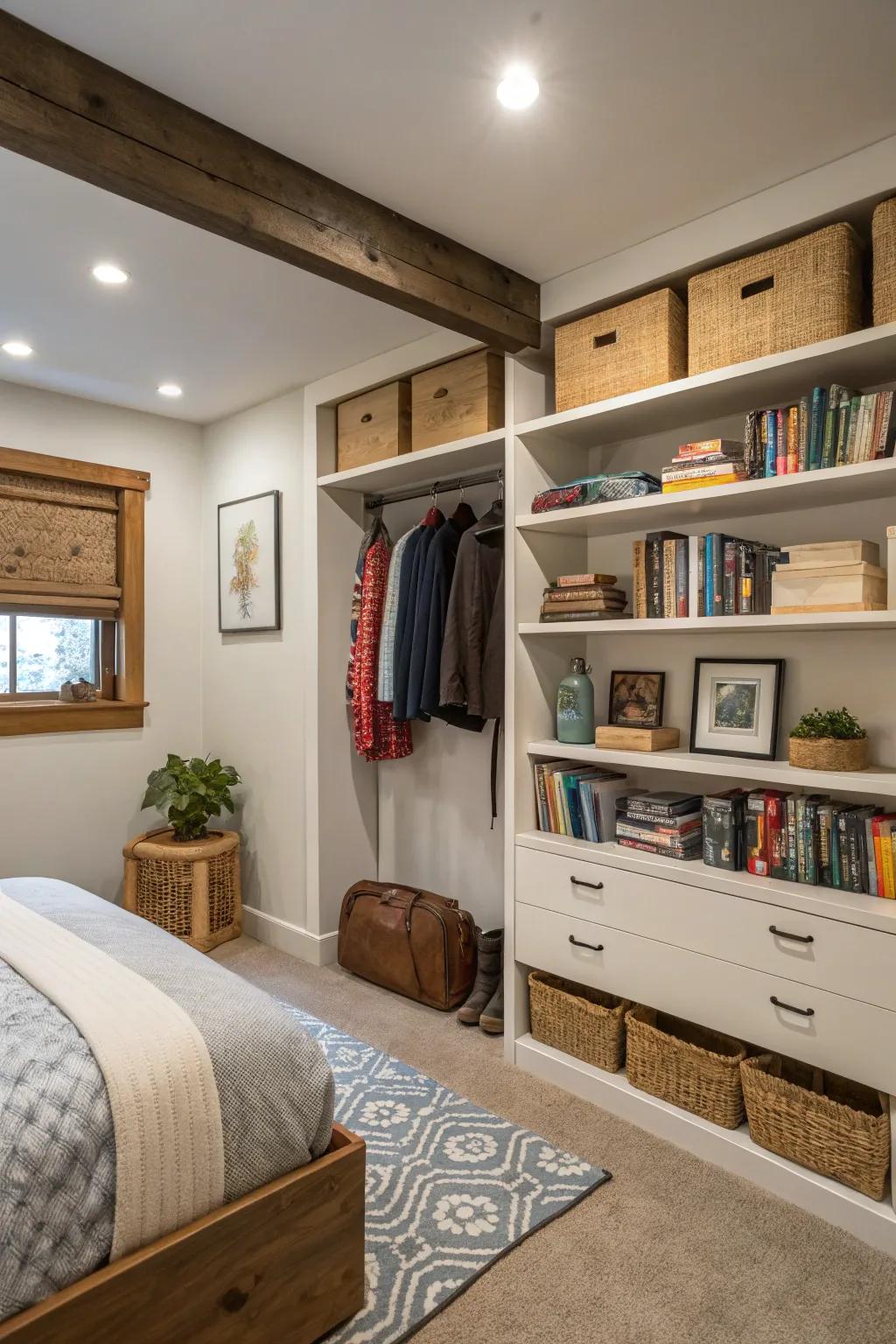 Vertical organization solutions make the most of area in this basement bedroom.