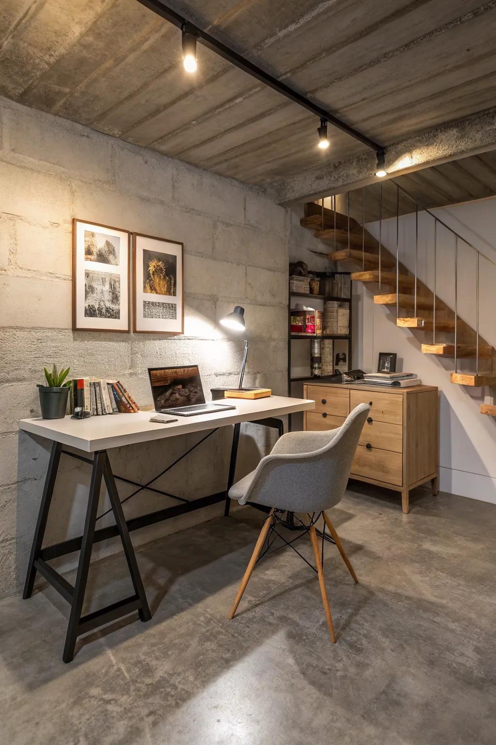A fashionable and functional home office needs concrete floors because they are sturdy.