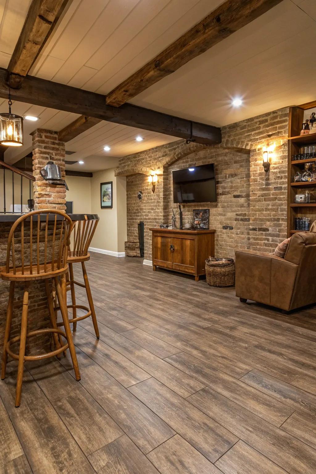 Broad synthetic planks offer a country charm with modern practicality.