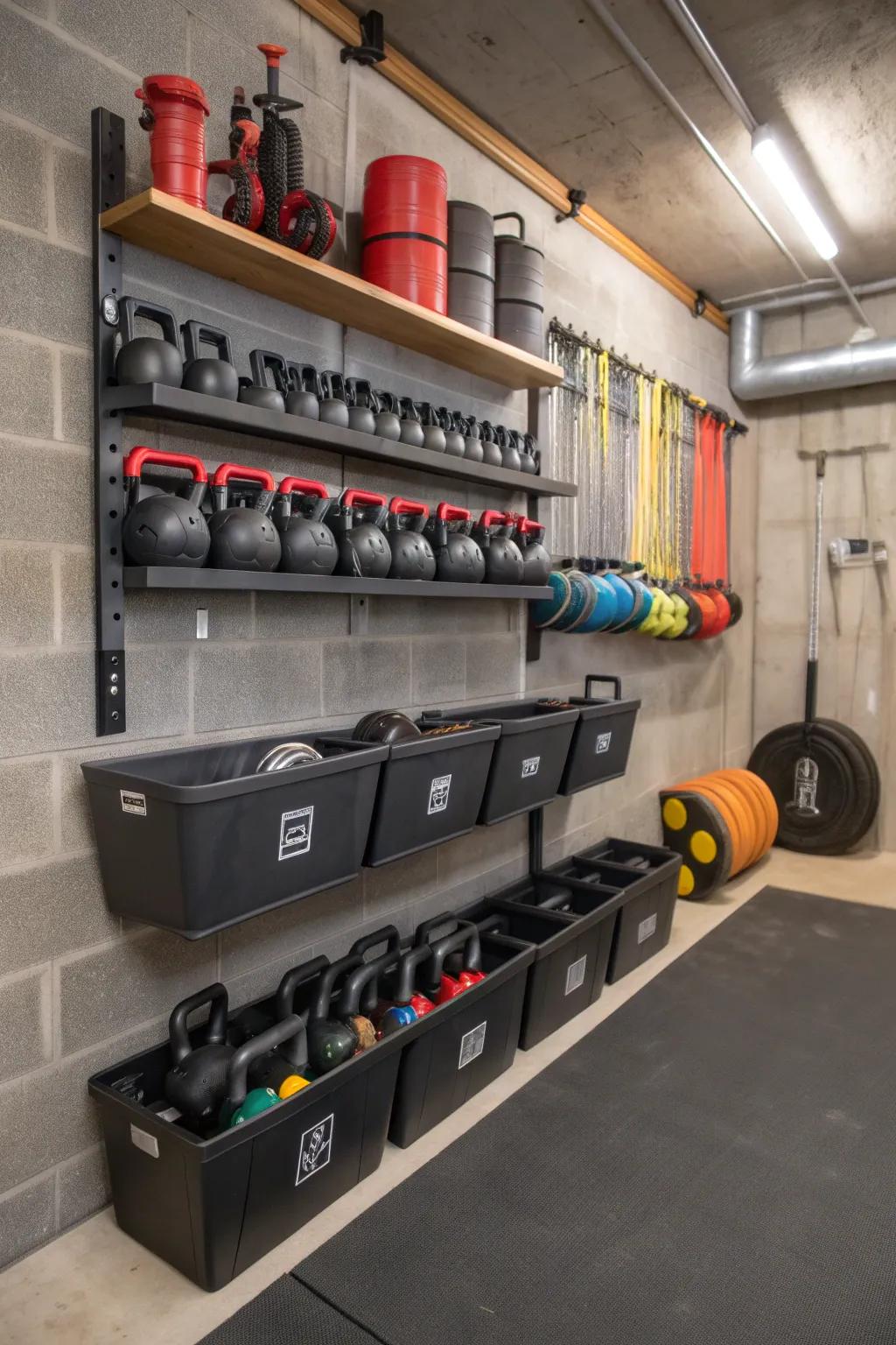 Effective storage approaches keep your gym organized and readily available.