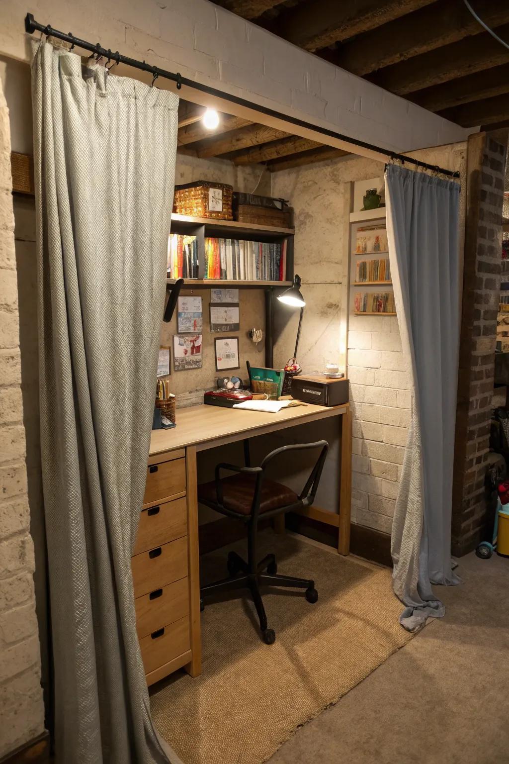 A concealed workspace maintains a tidy basement.