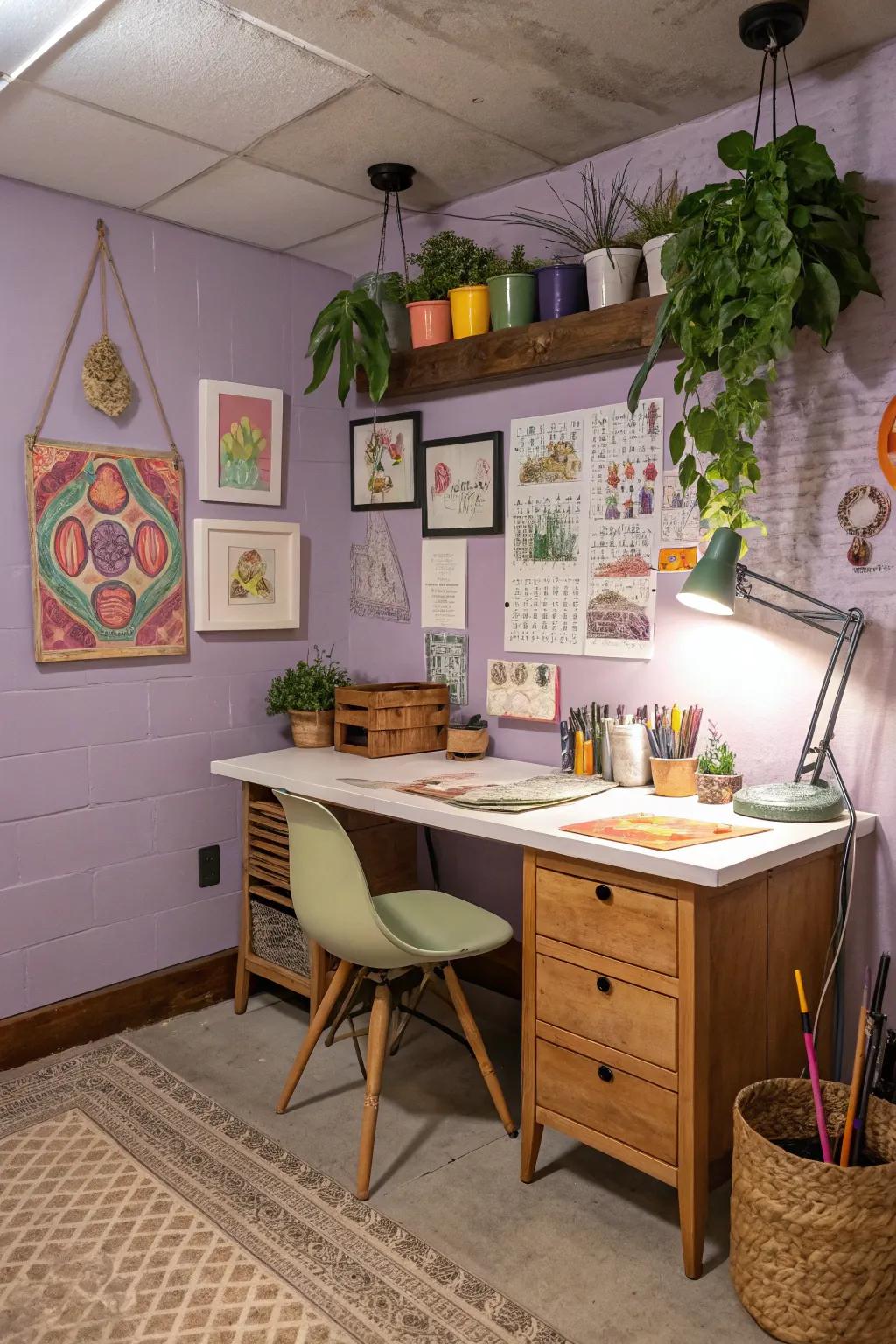 Purple walls inspire creativity and personal expression.
