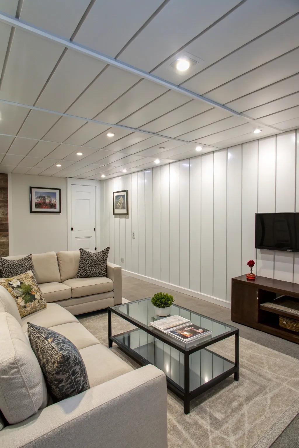 PVC panels offer a durable and stylish option for basements prone to dampness.