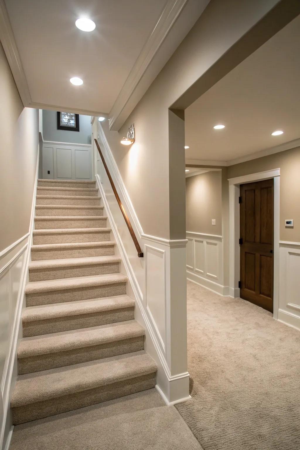 Neutral palettes conjure a tranquil and unified stairwell.