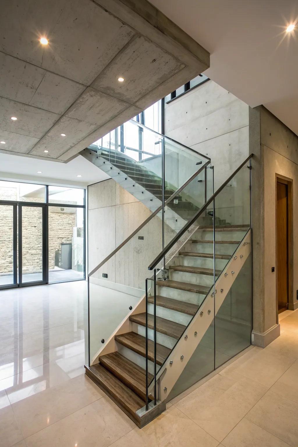 Glass panel railings provide safety while keeping the space open.