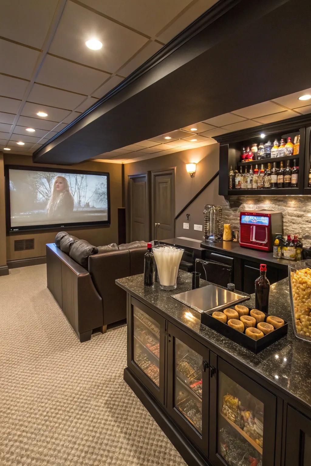 A treat and beverage counter provides convenience and luxury to your home cinema.