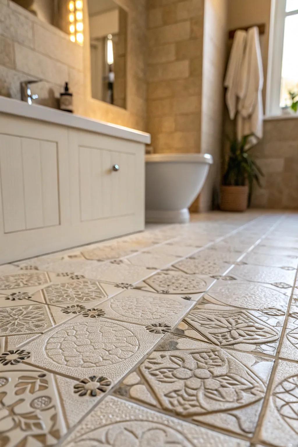 Textured flooring introduces dimension and interest through light and shadow.
