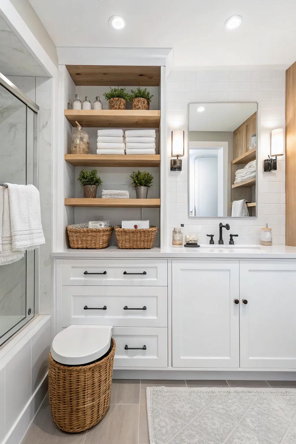 Clever storage options maintain a well-organized, chic bathroom.
