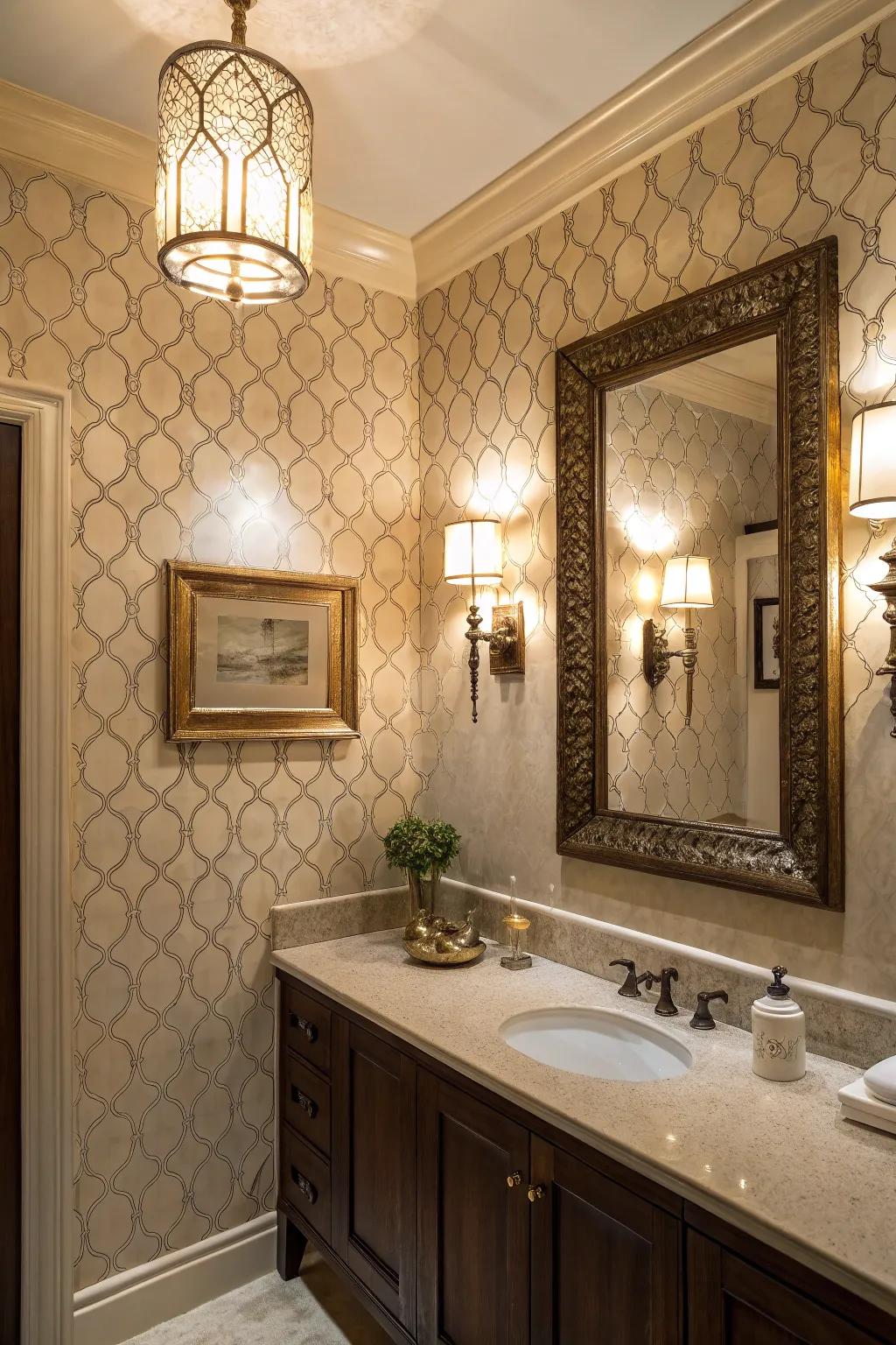 Textured walls beautifully contrast with elegant wall lights.