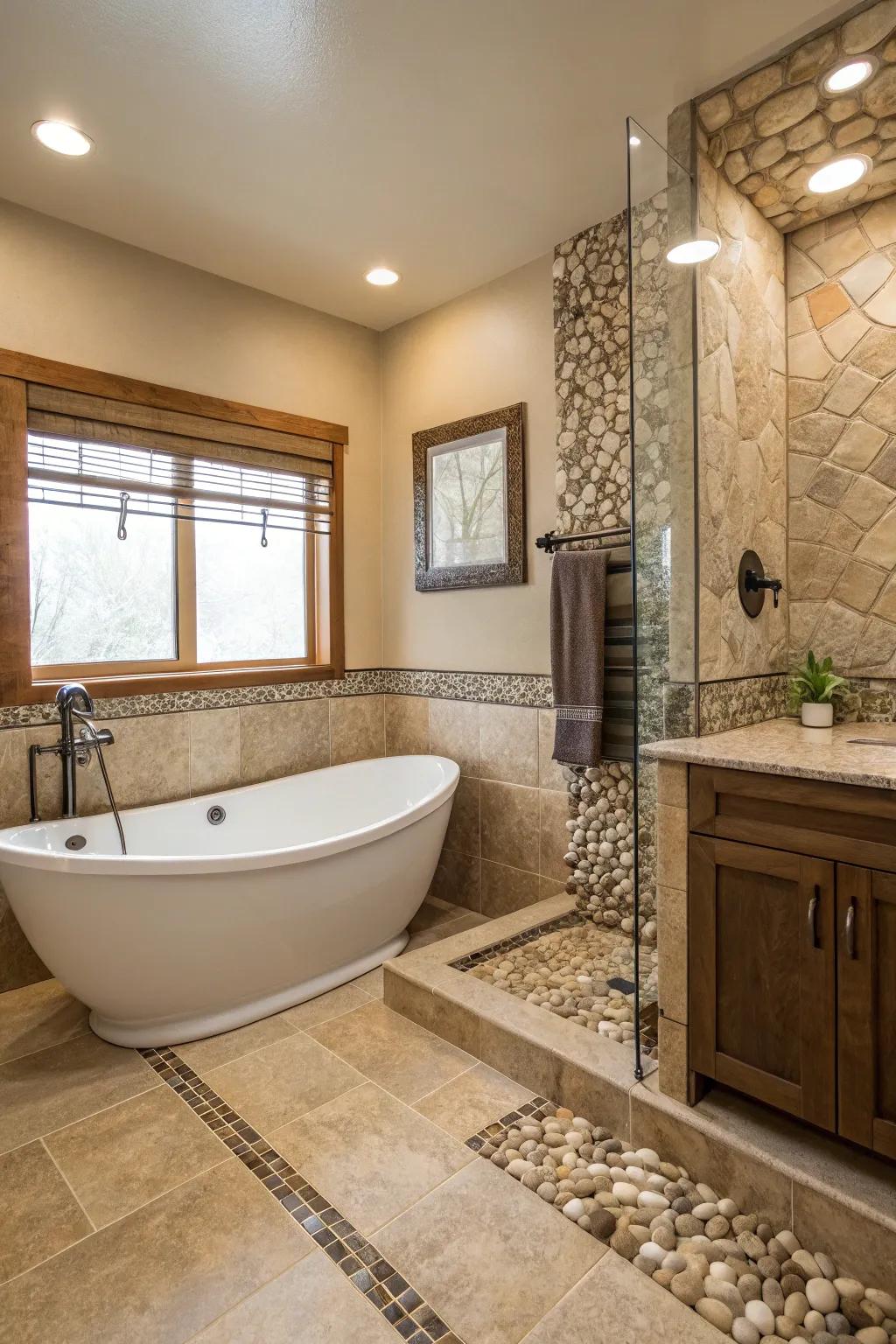 Natural stone edges bring a peaceful, earthy feel to the bathroom.