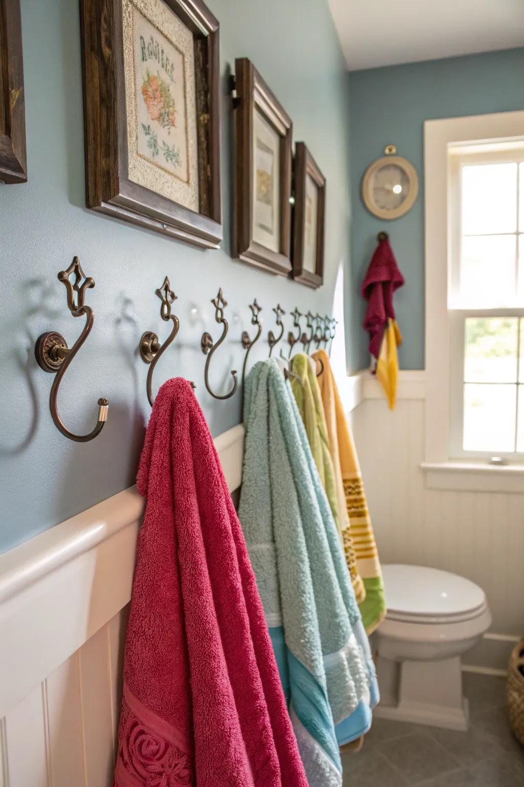 Decorative fixtures add a hint of class to storing towels.
