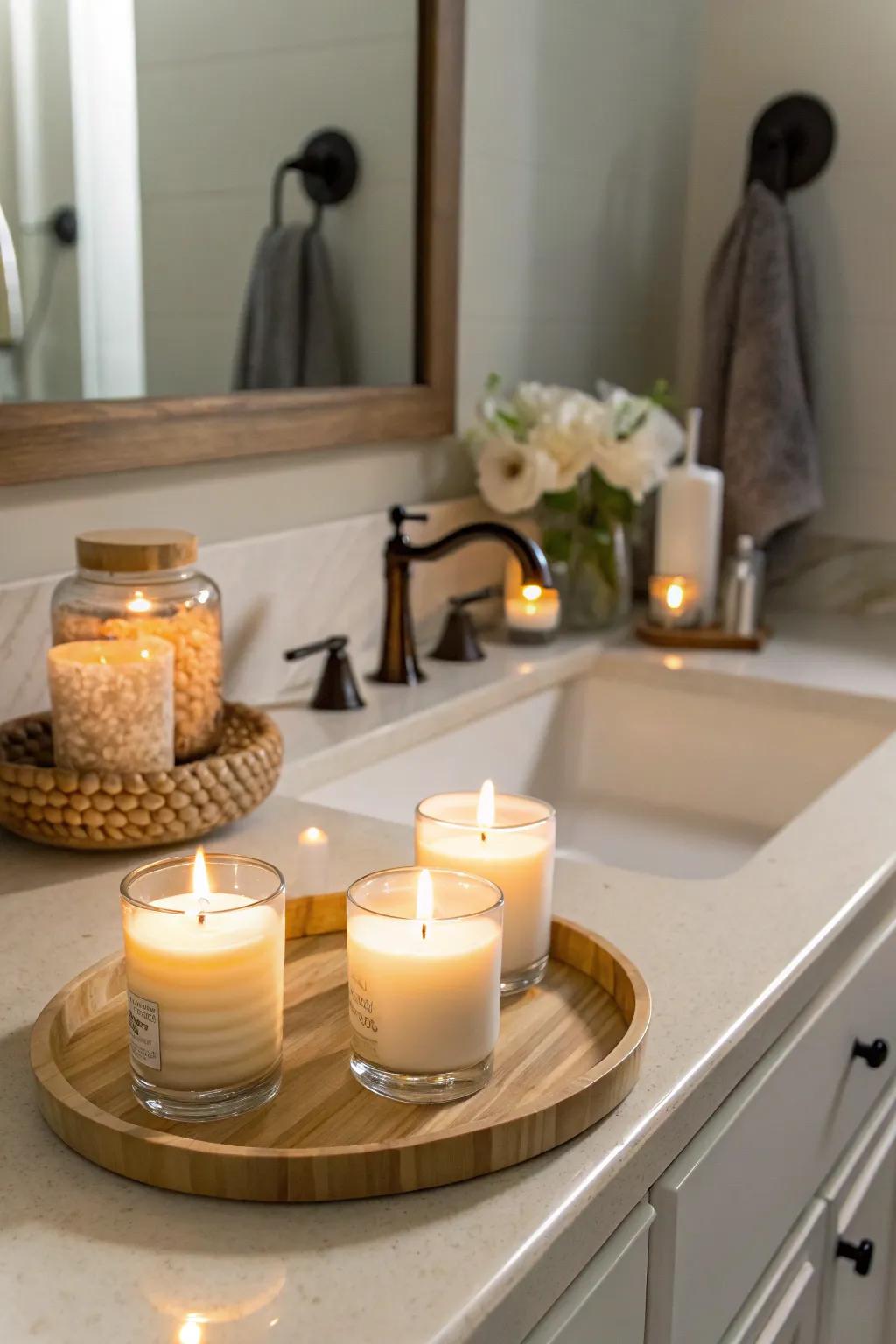 Scented candles fill the air with a soothing, warm fragrance.