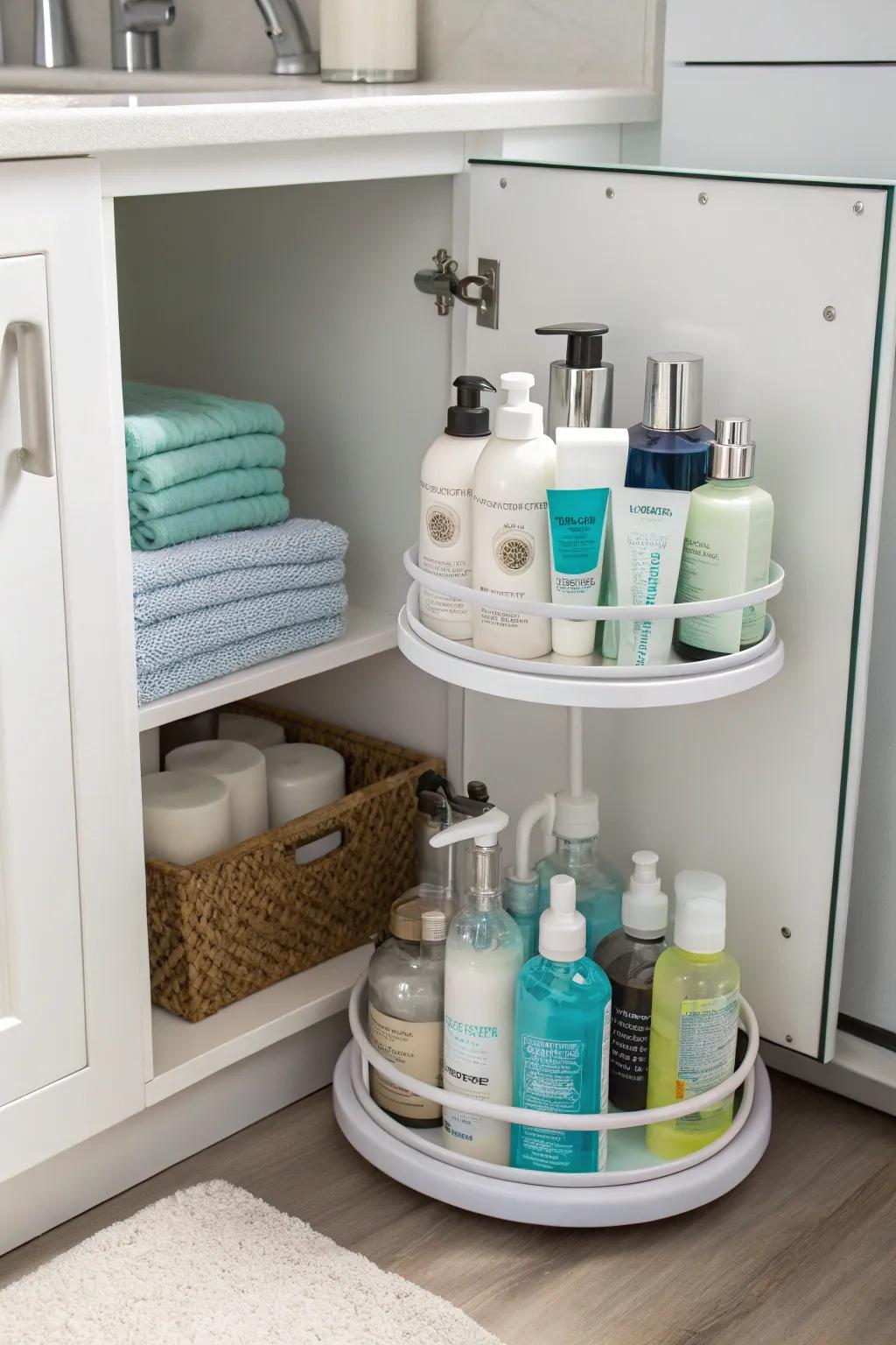 Rotating tray ensures easy access to cabinet supplies.