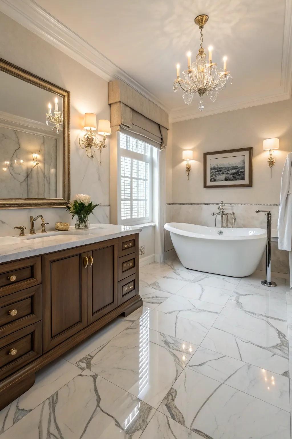 Marble-look <strong><em>plastic-based floors</em></strong> provides a touch of high-end to this stylish restroom.” loading=”lazy” class=”pimg”>
	</picture><figcaption>Marble-look <strong><em>plastic-based floors</em></strong> provides a touch of high-end to this stylish restroom.</figcaption></figure>
<p>That does not enjoy a little high-end? <strong><em>Marble-look plastic-based floors</em></strong> can provide your restroom a luxurious look without the significant cost.</p>
<h3>Possibly handy products:</h3>
<ul class=