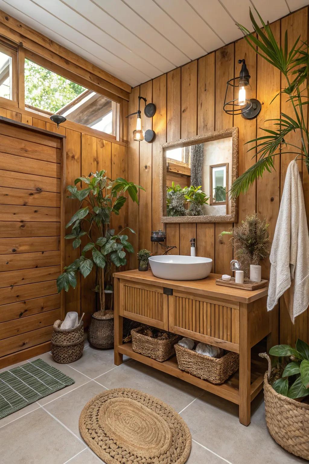 Wood features add natural warmth and beauty to bathroom walls.