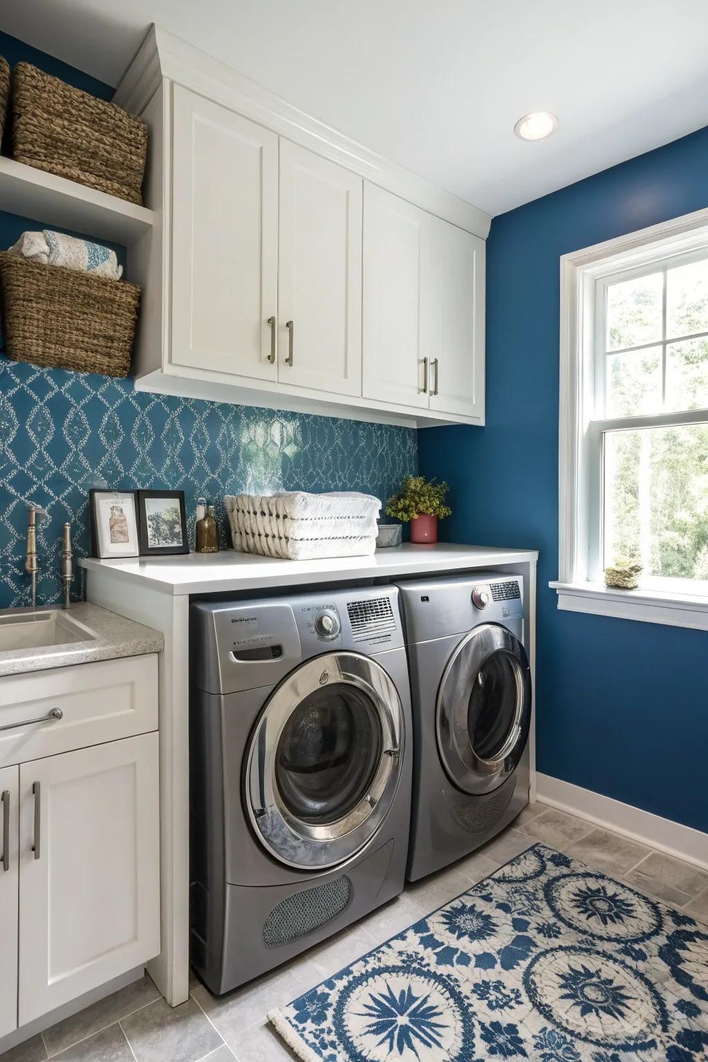 An eye-catching wall lends vibrancy and flair to the washing space.
