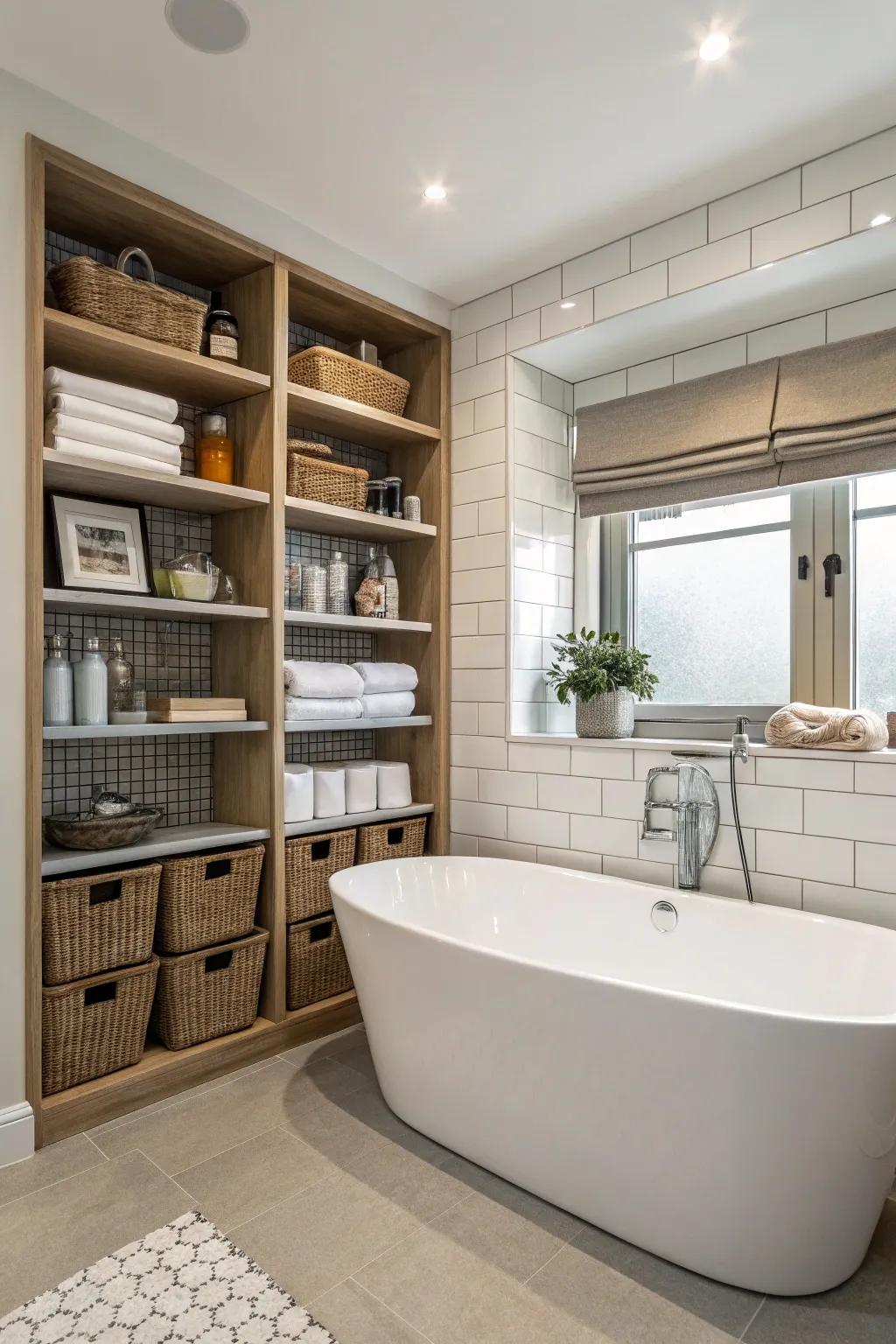 Merge style and utility with integrated storage surrounding your bathtub.