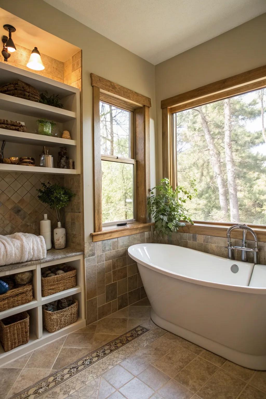 Integrated shelves beside windows offer both storage and light.