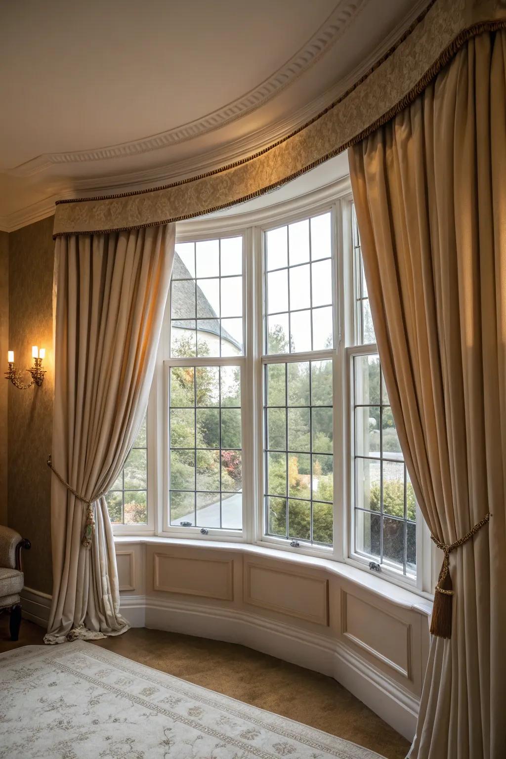Creative pole arrangement offers a faultless fit for bay window curtains.