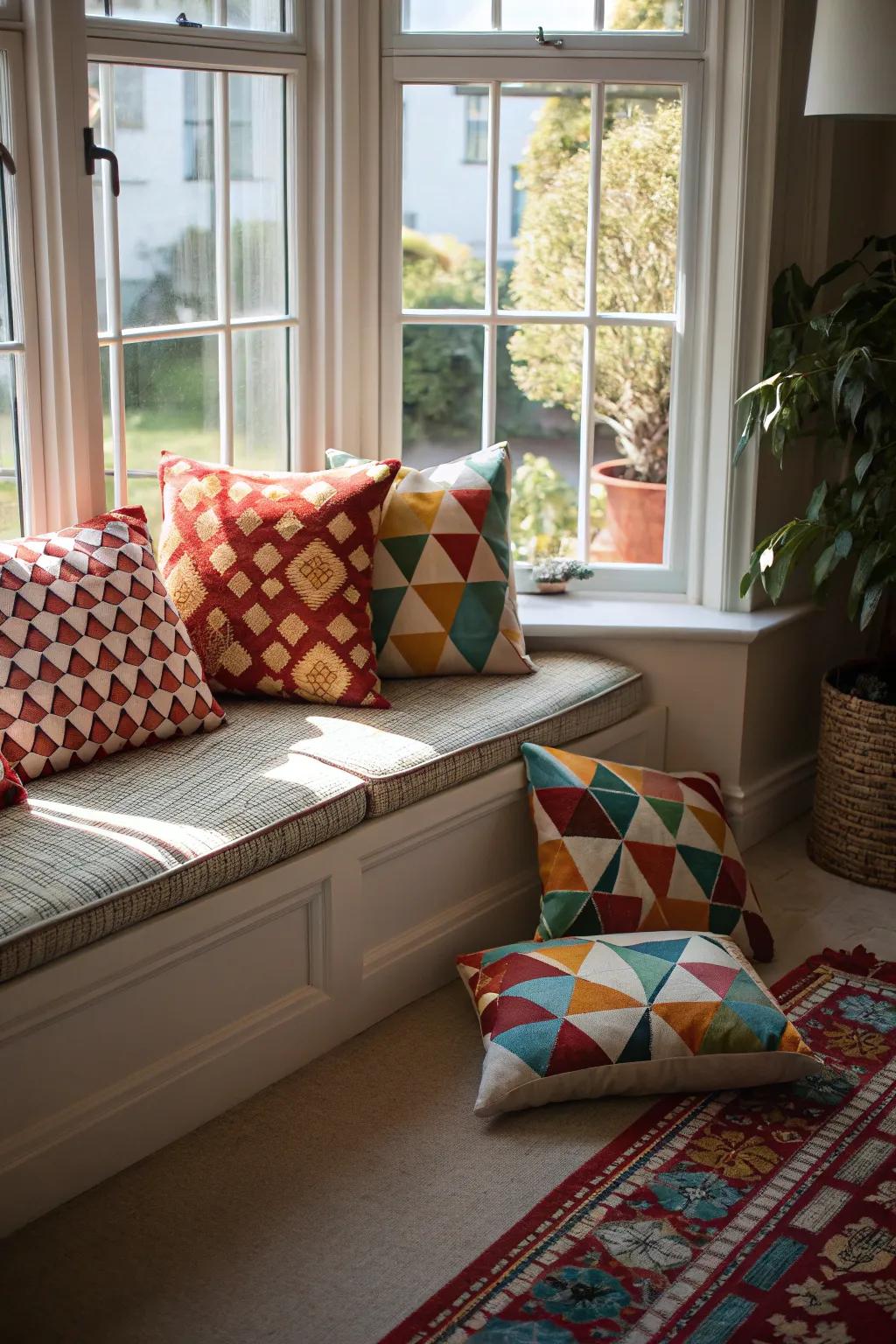 Geometric patterns add a modern twist to traditional bay window designs.