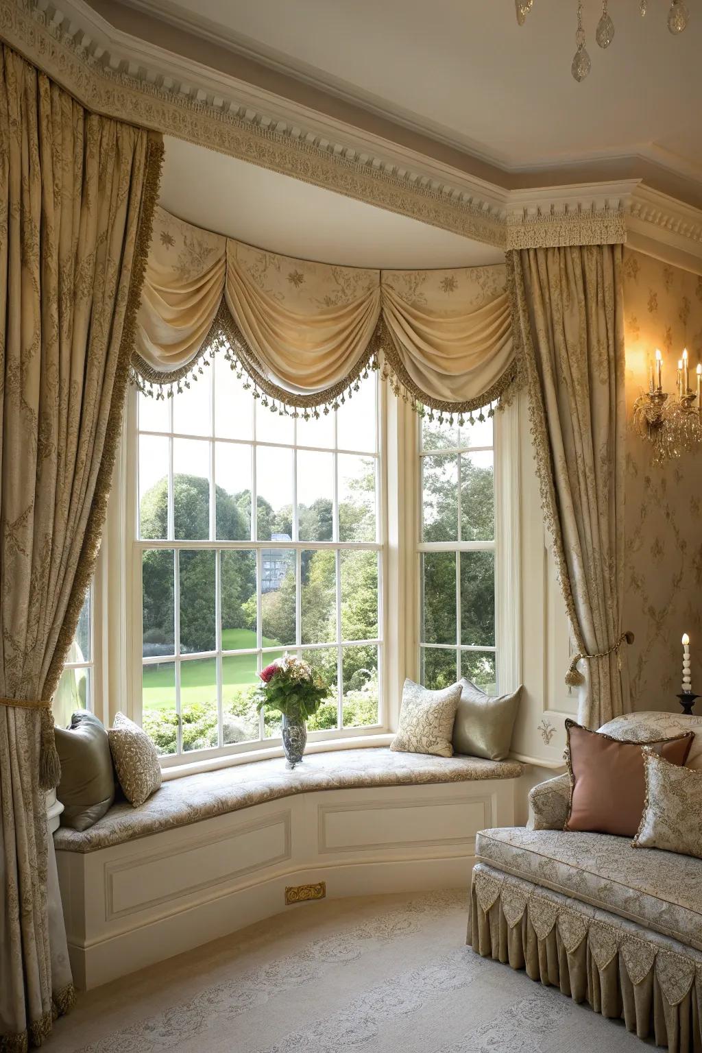 Swag and detailed patterns bring elegance to windows.