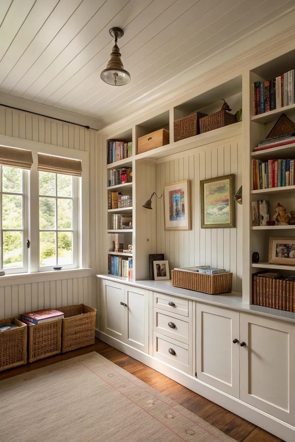 Grooved surfaces with storing options provide both design and utility.