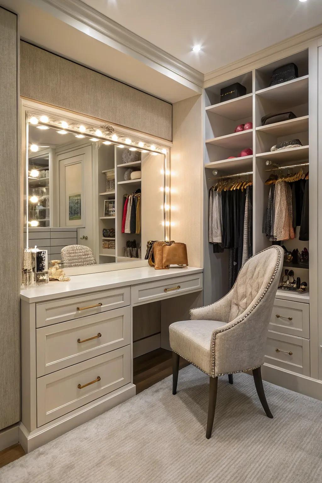 An integrated dressing table introduces ease and a hint of luxury to your closet.