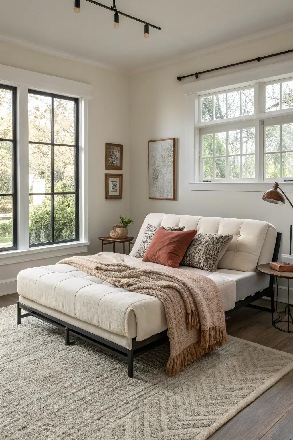 A modern futon in a bedroom, offering flexible seating and sleeping solutions.