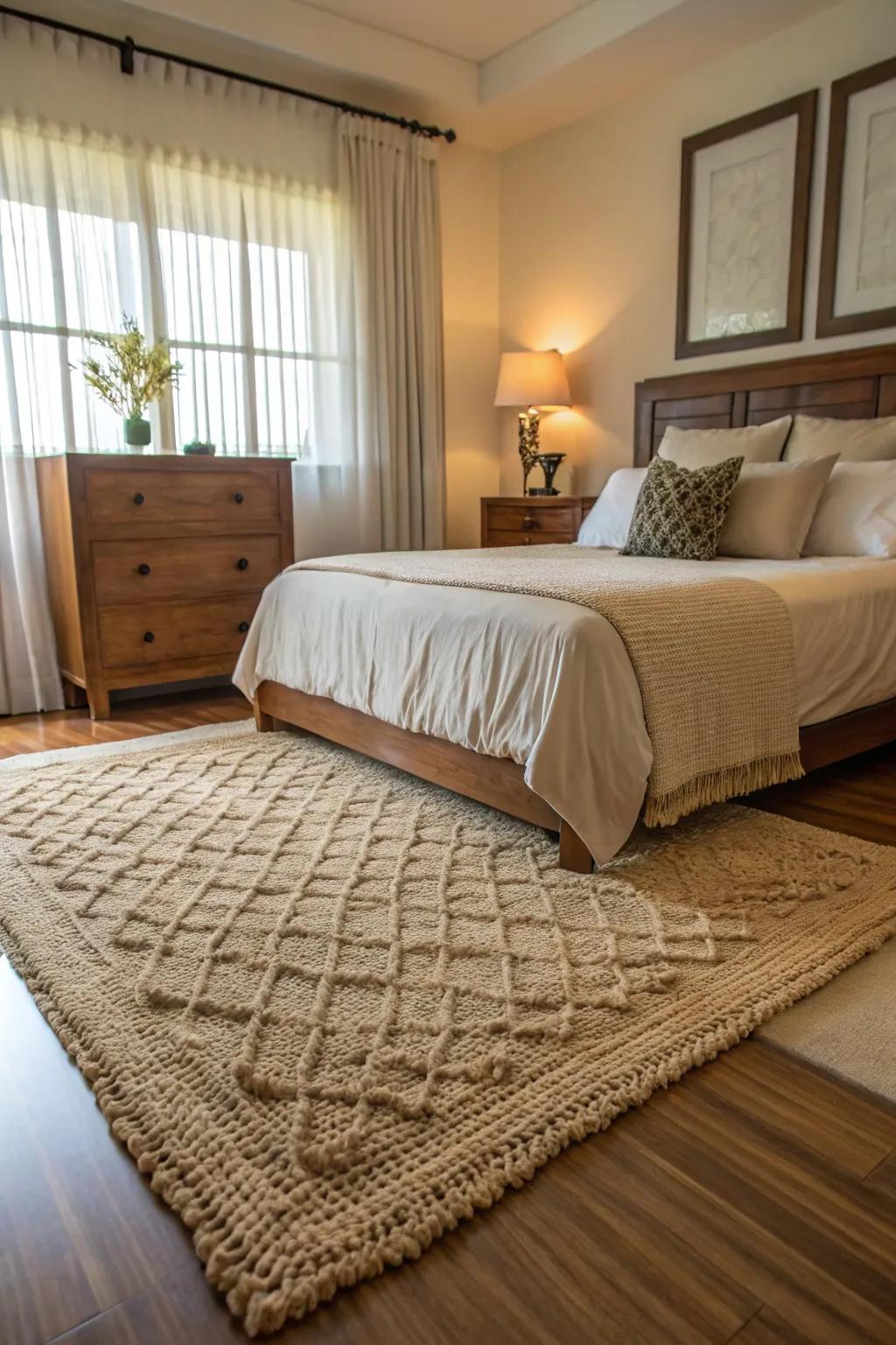 A cozy rug brings warmth and texture to the bedroom surface.