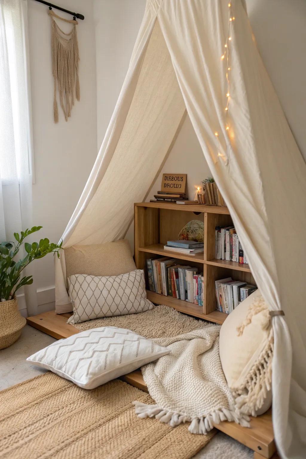 Escape into a realm of stories with this charming reading corner fort, where minimalism meets bohemian charm.