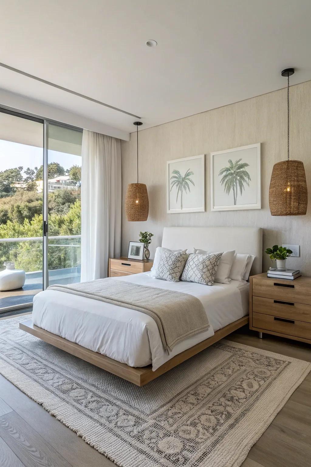 Floating nightstands offer a chic, modern look.