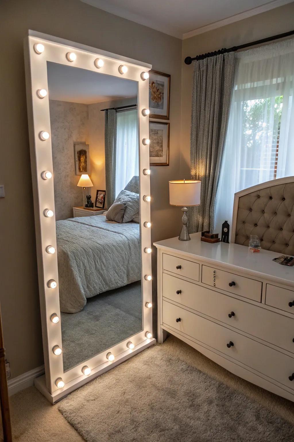 A mirror with integrated lighting that adds both functionality and flair to the bedroom.