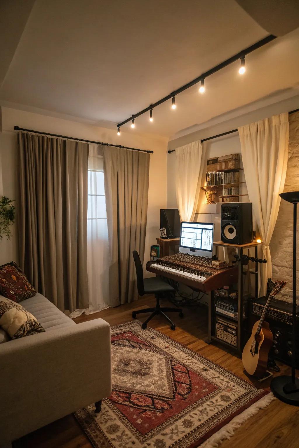 Soundproof curtains help maintain a tranquil and focused setting in your music studio.