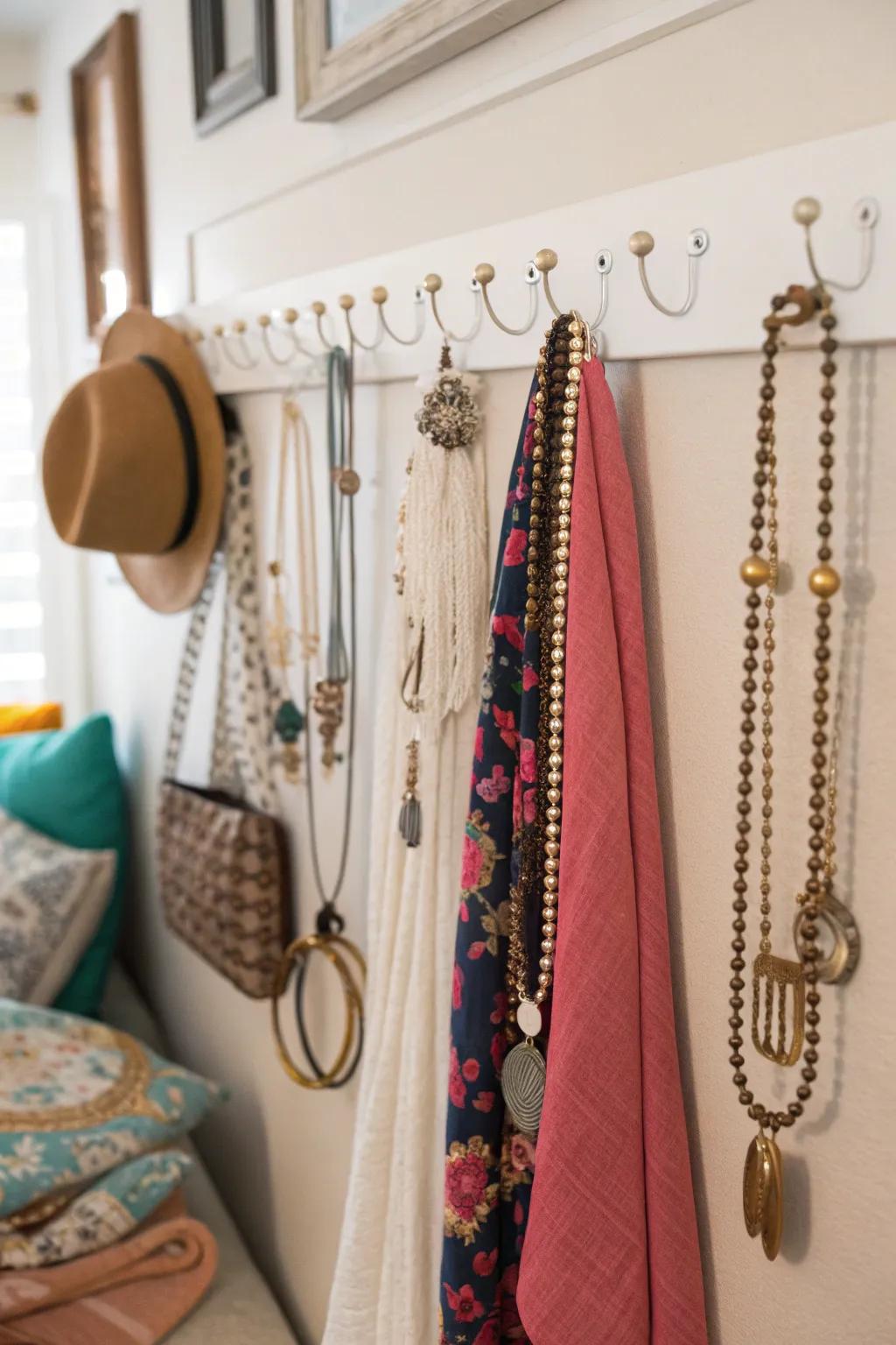 Keep your accessories displayed and organized using wall hooks.
